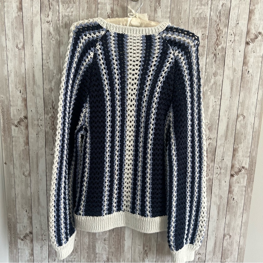 Free People Beach Dayton Navy Blue Knit Crochet Striped Sweater Crewneck Medium - Picture 2 of 5